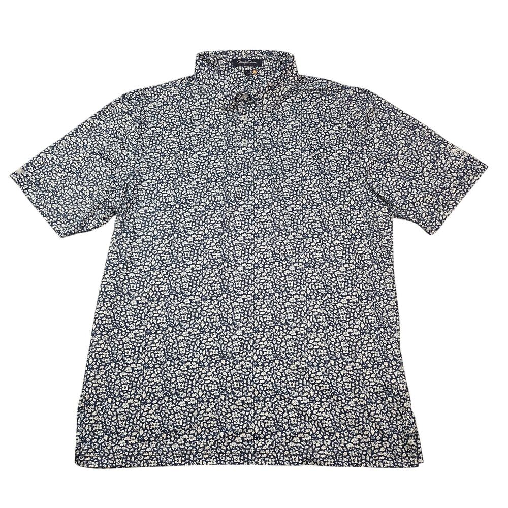 Straight Down Polo Shirt Mens Large Blue Floral Golf Stretch Performance UPF 50